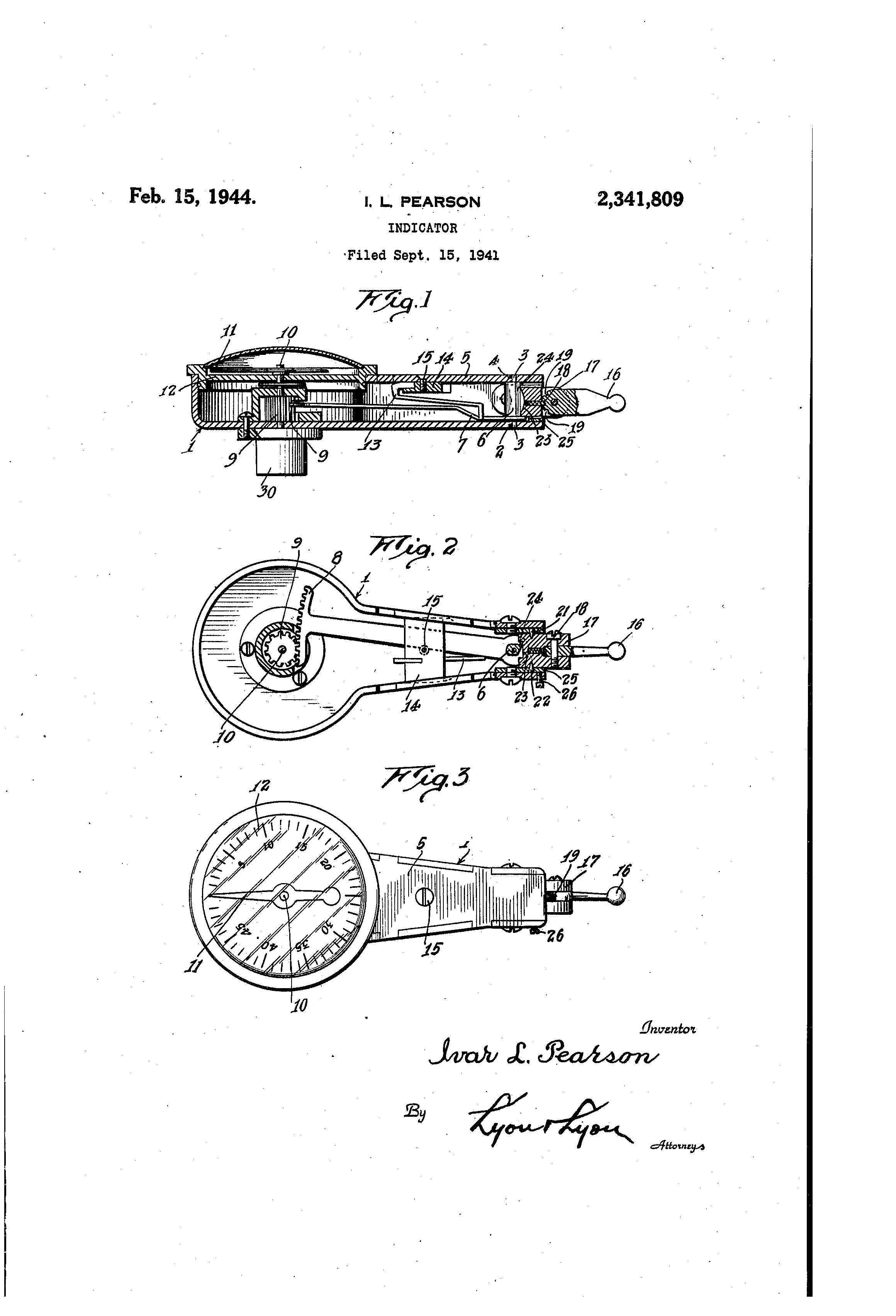 US 2,341,809 patent drawing — Pearson knife-edge rectifying indicator mechanism