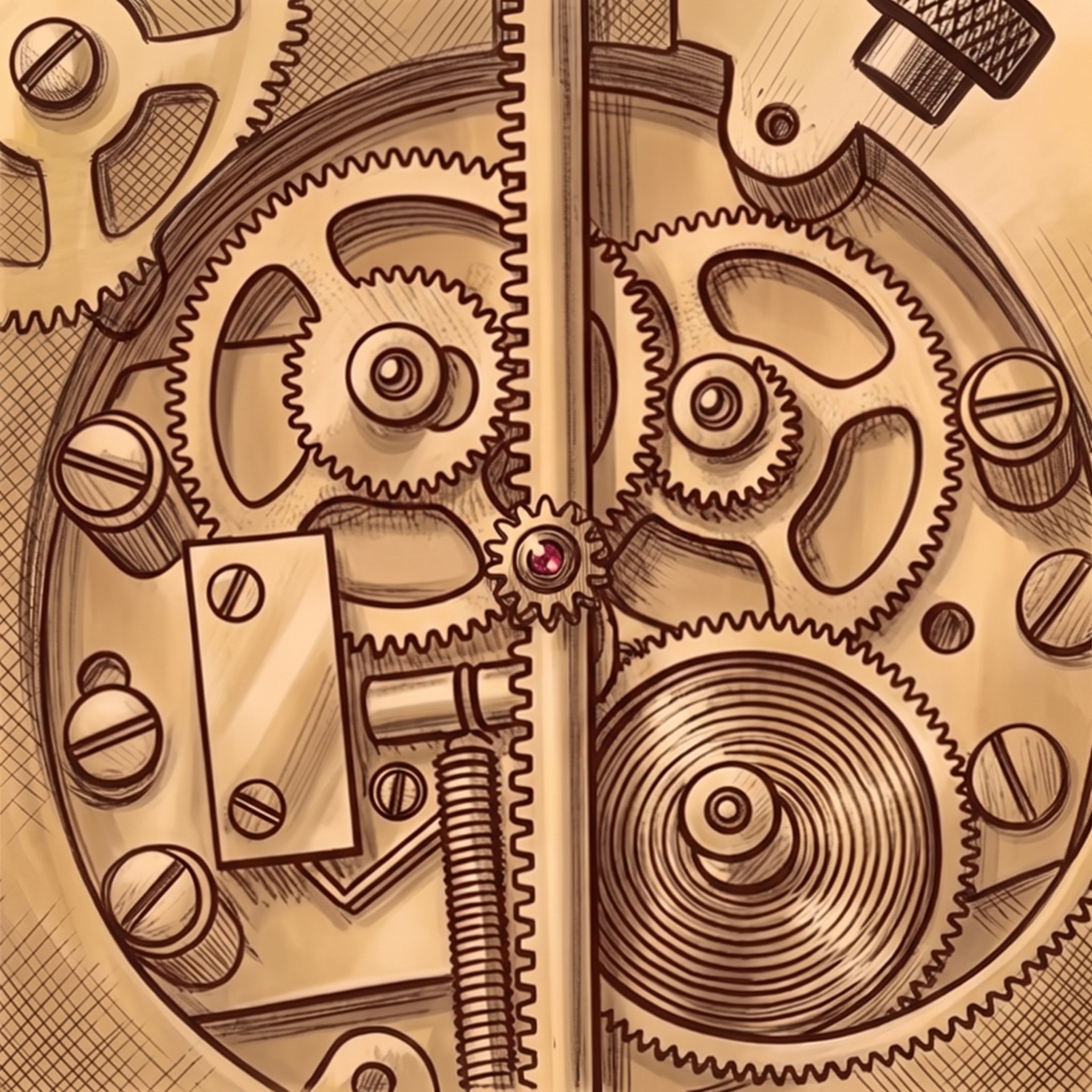Macro close-up of the movement: the toothed rack meshing with its pinion at a jewelled bearing, hairspring at right.